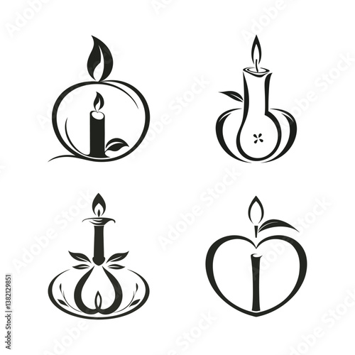 a candle and fruit forming a single unified shape vector illustration set