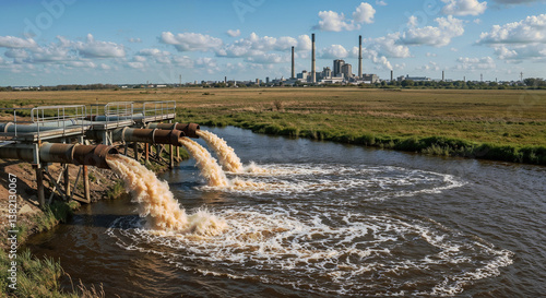 Industrial Wastewater Discharge Pipes Polluting River Factory Scene