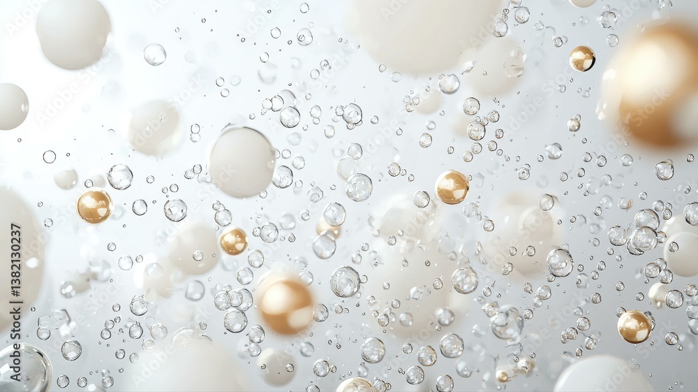 Abstract background with floating bubbles and droplets in gold and white hues, creating a serene and elegant visual. Abstract background with floating bubbles and droplets in gold and white hues, creating a serene and elegant visual.