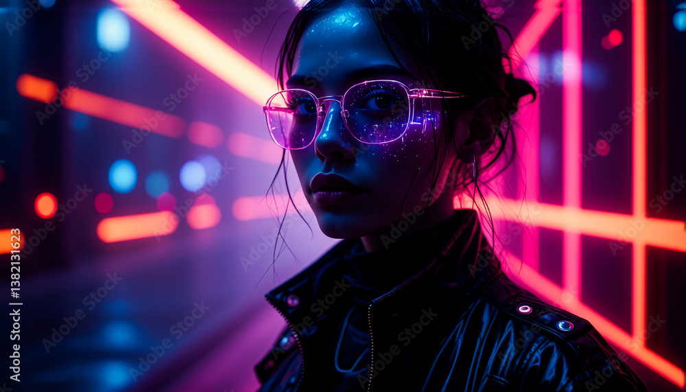 A person with glasses is highlighted by bright neon lights, creating a futuristic and atmospheric scene. A person with glasses is highlighted by bright neon lights, creating a futuristic and atmospheric scene.