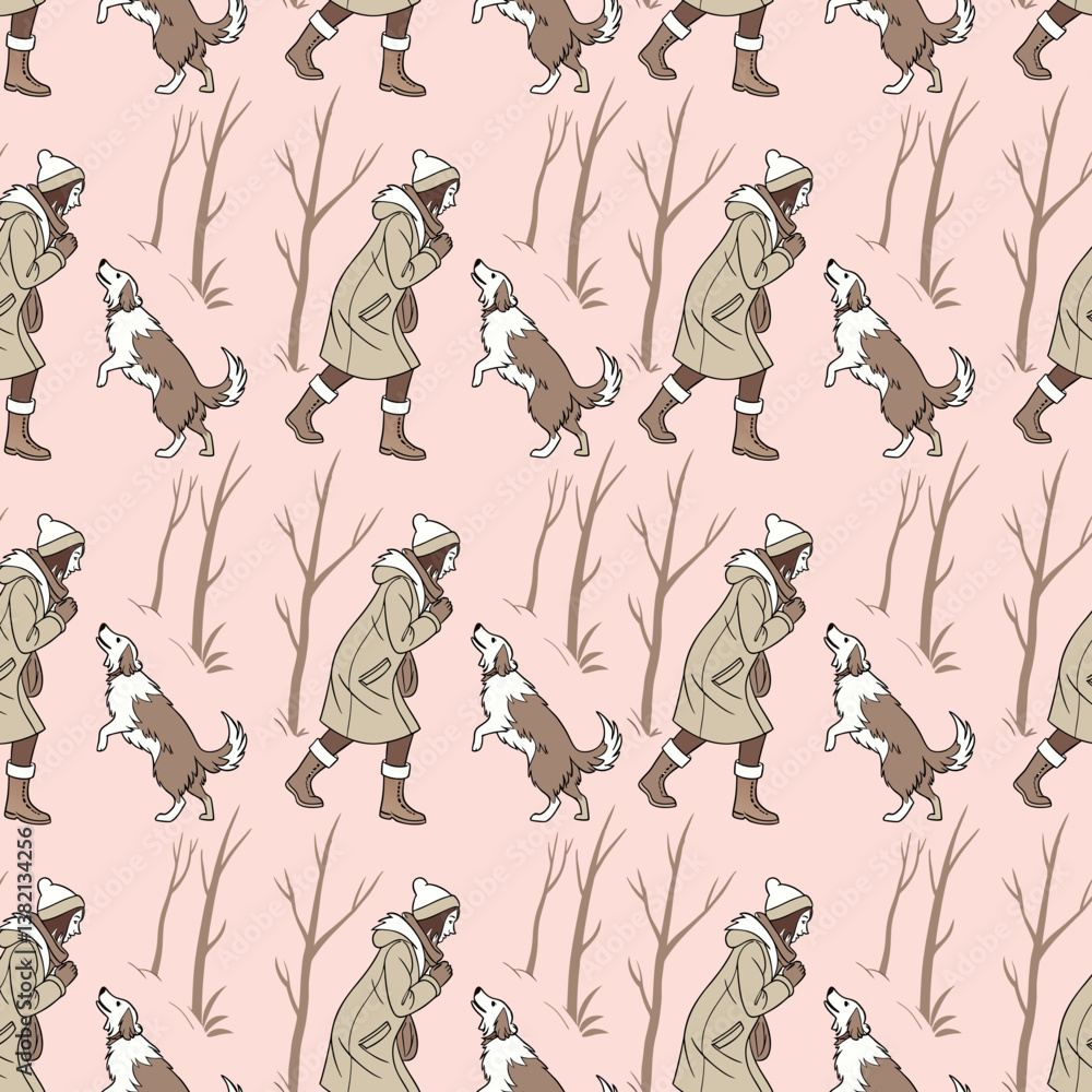 seamless pattern with A woman is playing with a dog in the winter on Christmas Day.
