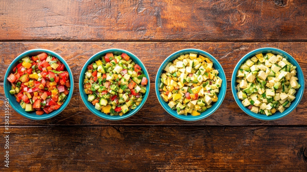 Four colorful bowls of chopped vegetables arranged neatly on a wooden surface, showcasing fresh ingredients for a healthy meal.