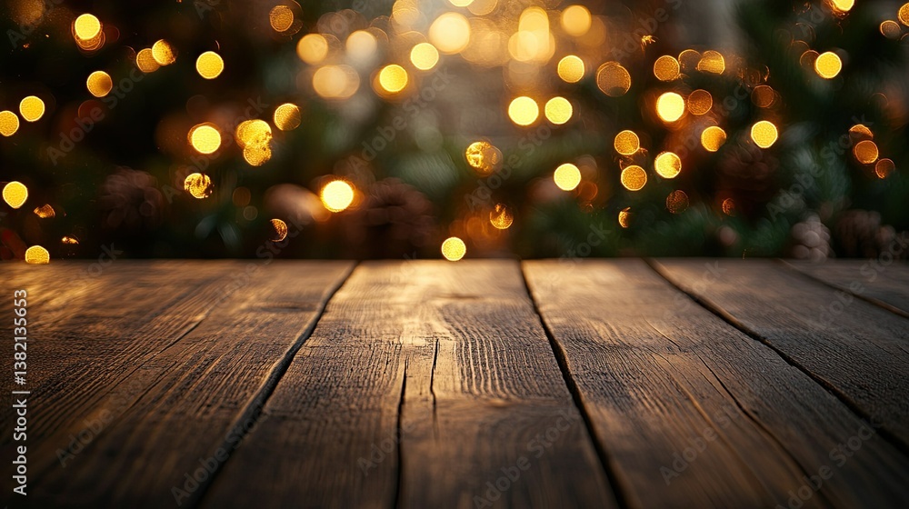 A luxurious Christmas-themed background with golden bokeh lights and an empty wooden surface for product display A luxurious Christmas-themed background with golden bokeh lights and an empty wooden surface for product display