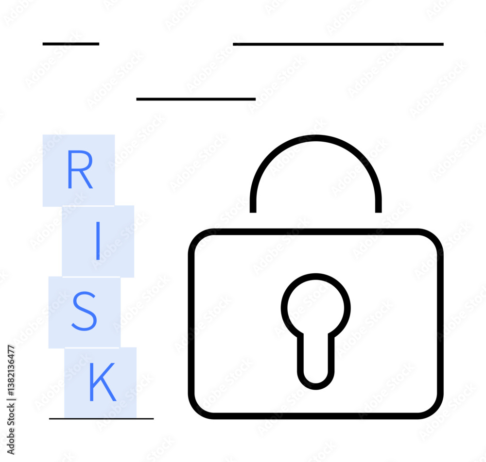 Padlock and stacked RISK blocks symbolizing security, uncertainty, and potential threats. Ideal for cyber safety, risk management, data protection, business strategy, financial planning, caution Padlock and stacked RISK blocks symbolizing security, uncertainty, and potential threats. Ideal for cyber safety, risk management, data protection, business strategy, financial planning, caution