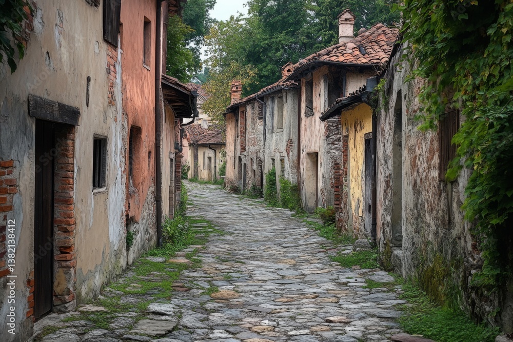 Stone walkway between rustic village buildings with moss and weathered textures Stone walkway between rustic village buildings with moss and weathered textures
