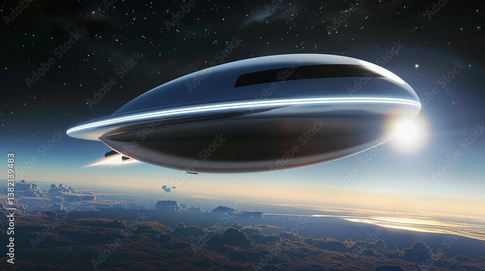 Massive futuristic spaceship floating in Earth orbit with sleek silver exterior and glowing propulsion system. Advanced interstellar travel and space exploration technology concept. Massive futuristic spaceship floating in Earth orbit with sleek silver exterior and glowing propulsion system. Advanced interstellar travel and space exploration technology concept.