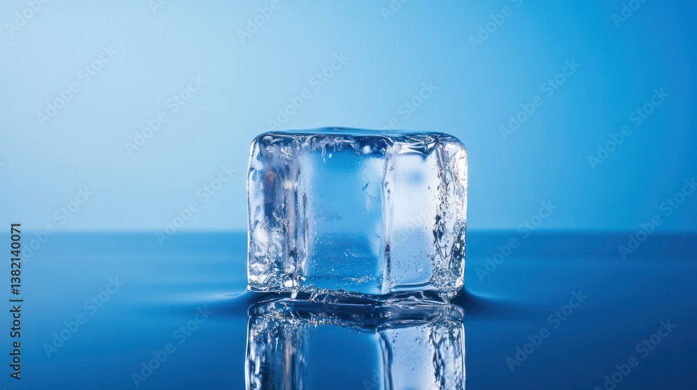 Ice cube melting on blue surface, cool background, refreshment Ice cube melting on blue surface, cool background, refreshment
