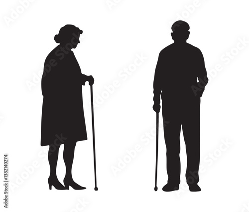Silhouette of a senior couple. Elderly couple silhouette – senior citizens with walking canes.