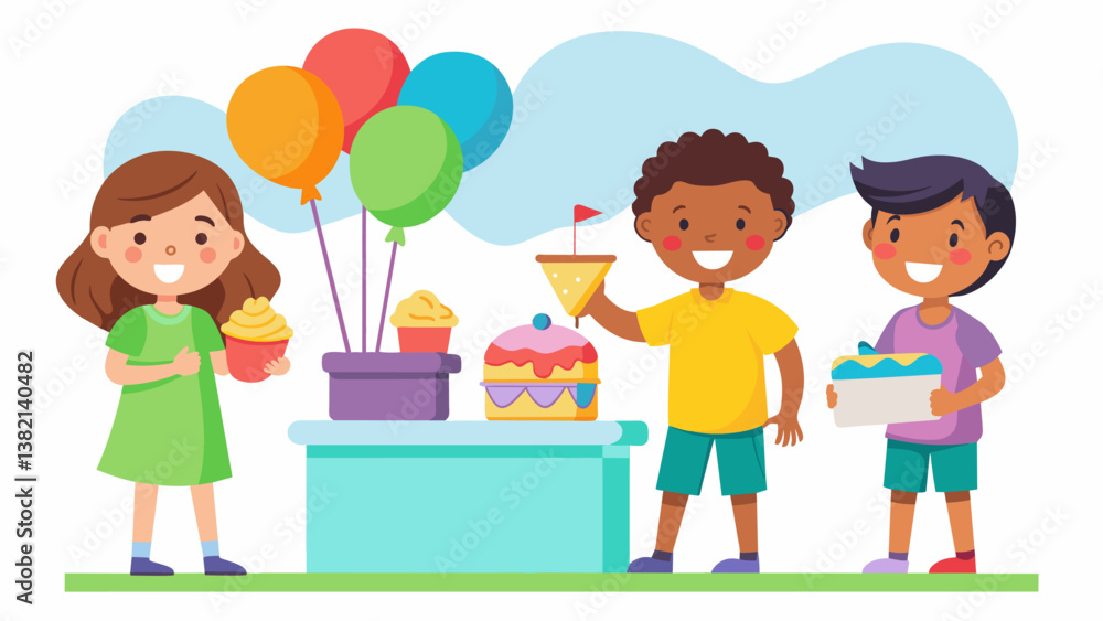 A group of siblings setting up their own personal bake sale stand with colorful signs and balloons to raise money for their schools charity drive.. Vector illustration A group of siblings setting up their own personal bake sale stand with colorful signs and balloons to raise money for their schools charity drive.. Vector illustration