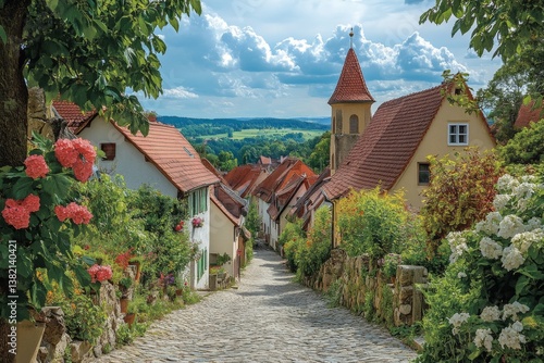 Colorful house garden with stone path in green countryside