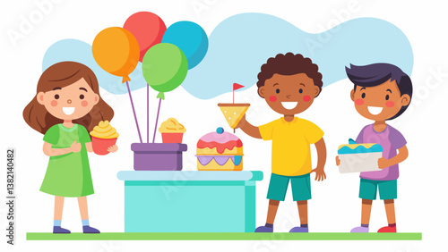 A group of siblings setting up their own personal bake sale stand with colorful signs and balloons to raise money for their schools charity drive.. Vector illustration