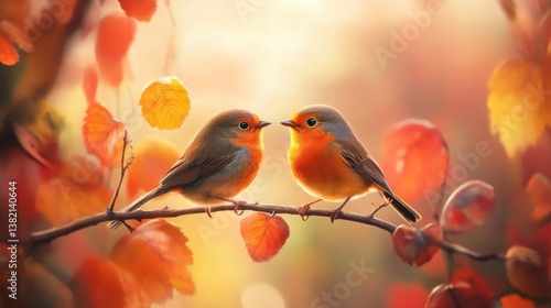 A nature-inspired moment of two birds in conversation, framed by a rich autumn palette of oranges, reds, and yellows.