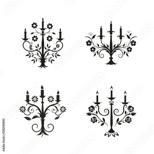  a candelabrum and floral elements set vector illustration
