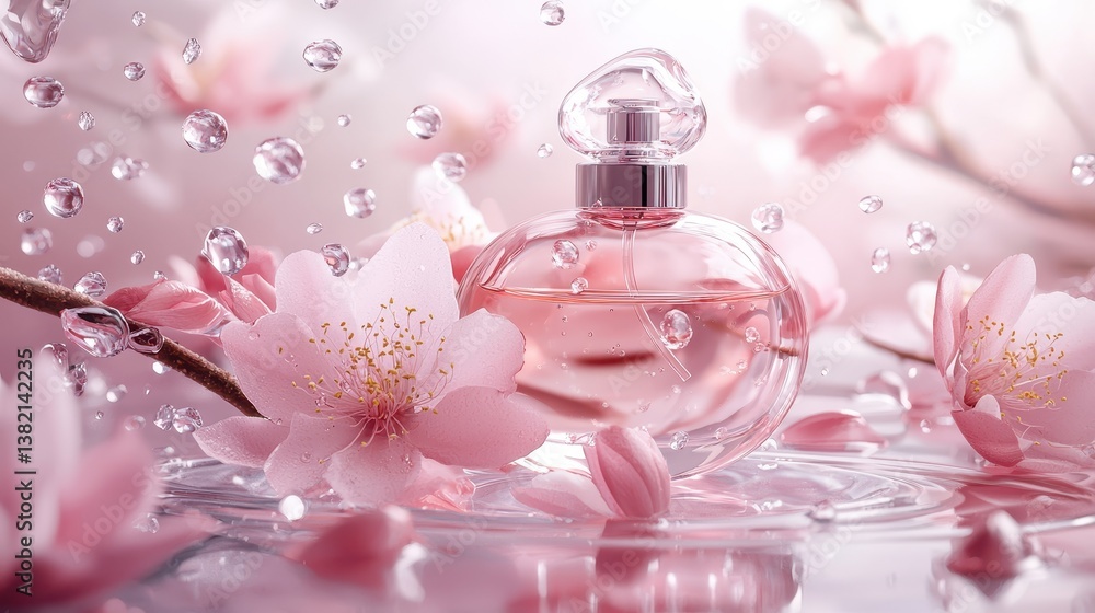 Elegant floral perfume bottle with cherry blossoms and water droplets Elegant floral perfume bottle with cherry blossoms and water droplets