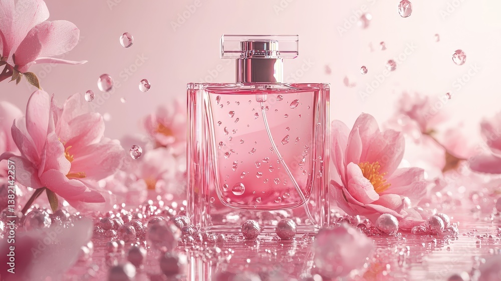 Elegant Pink Perfume Bottle Surrounded by Flowers and Droplets Elegant Pink Perfume Bottle Surrounded by Flowers and Droplets