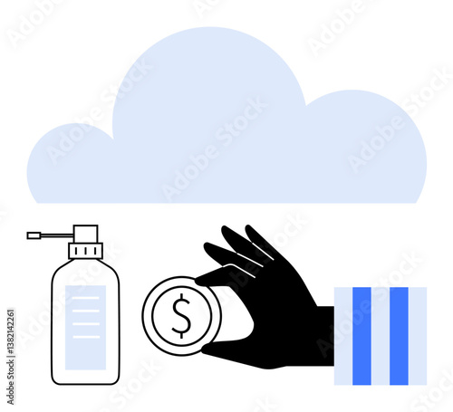 Hand grasping coin beside sanitizer signifies monetary transaction and health awareness. Ideal for finance, e-commerce, hygiene, savings, health commerce, online payments, flat simple metaphor