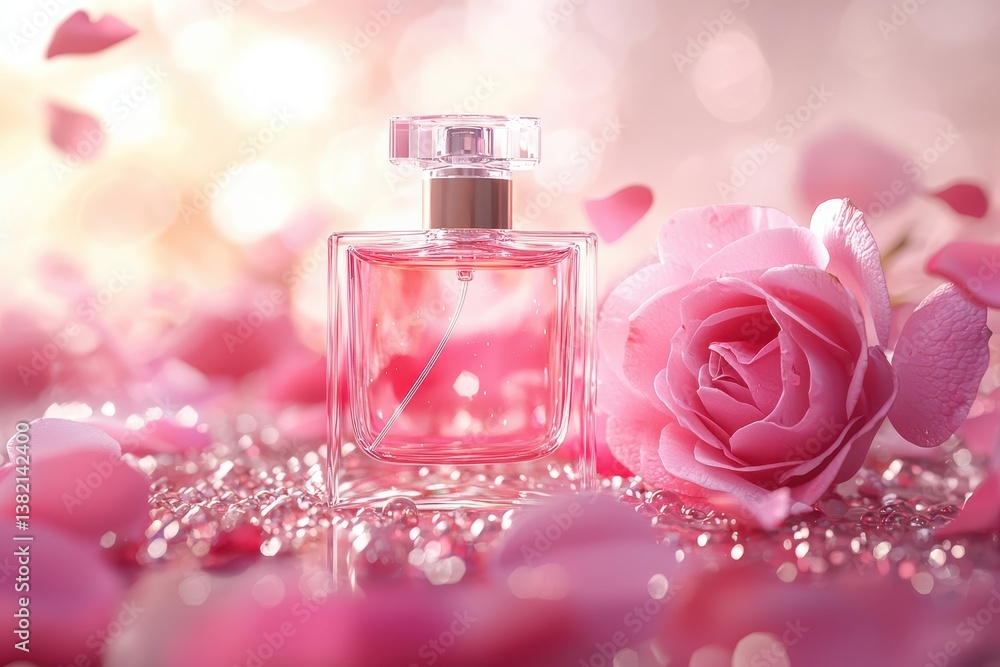 Elegant pink perfume bottle surrounded by rose petals and sparkle Elegant pink perfume bottle surrounded by rose petals and sparkle