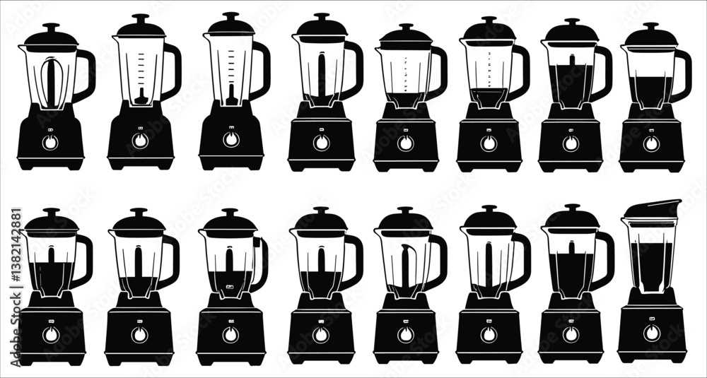 Fototapeta premium Set of different blender silhouettes vector. Black blender silhouettes collection. Black and white electric blenders silhouettes. Black silhouettes of kitchen blender icons