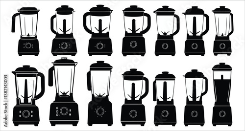 Blender machine vector icons. Black silhouettes of kitchen blender icons. Set of black blender silhouettes vector art. Set various blender silhouettes vector design