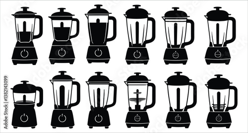 Blender machine vector icons. Black silhouettes of kitchen blender icons. Set of black blender silhouettes vector art. Set various blender silhouettes vector design