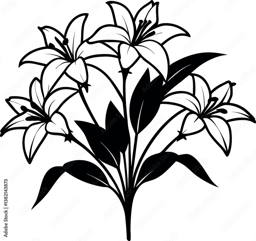 Black and White Lily vector silhouette Flower Bouquet Illustration Graphic Design Black and White Lily vector silhouette Flower Bouquet Illustration Graphic Design