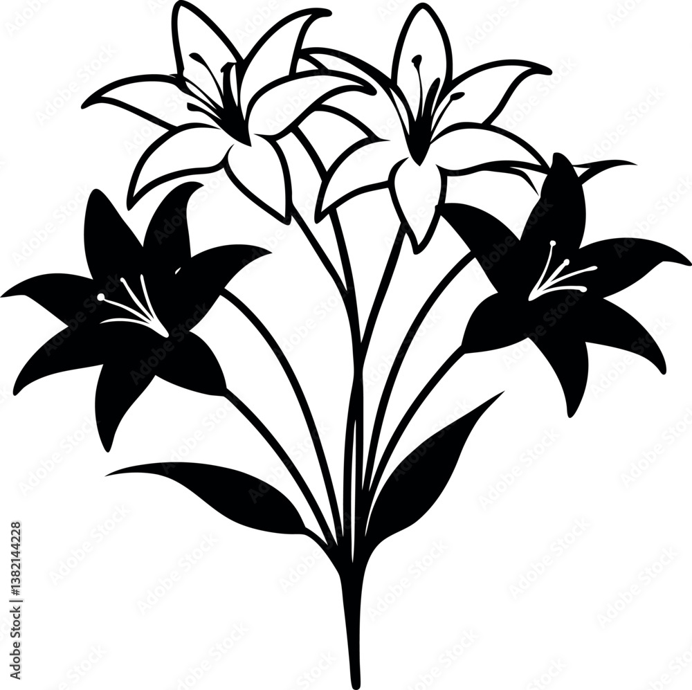 Elegant Bouquet of Black and vector silhouette White Lilies Artistic Floral Illustration Elegant Bouquet of Black and vector silhouette White Lilies Artistic Floral Illustration