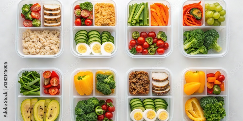 Eating Habits balance routine concept. Colorful, healthy meal prep in clear containers with various fresh ingredients arranged neatly. Eating Habits balance routine concept. Colorful, healthy meal prep in clear containers with various fresh ingredients arranged neatly.