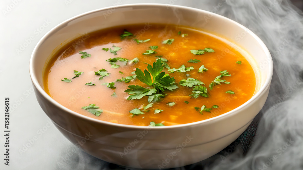 Eating Habits balance routine concept. Steaming bowl of savory soup garnished with fresh herbs. Eating Habits balance routine concept. Steaming bowl of savory soup garnished with fresh herbs.