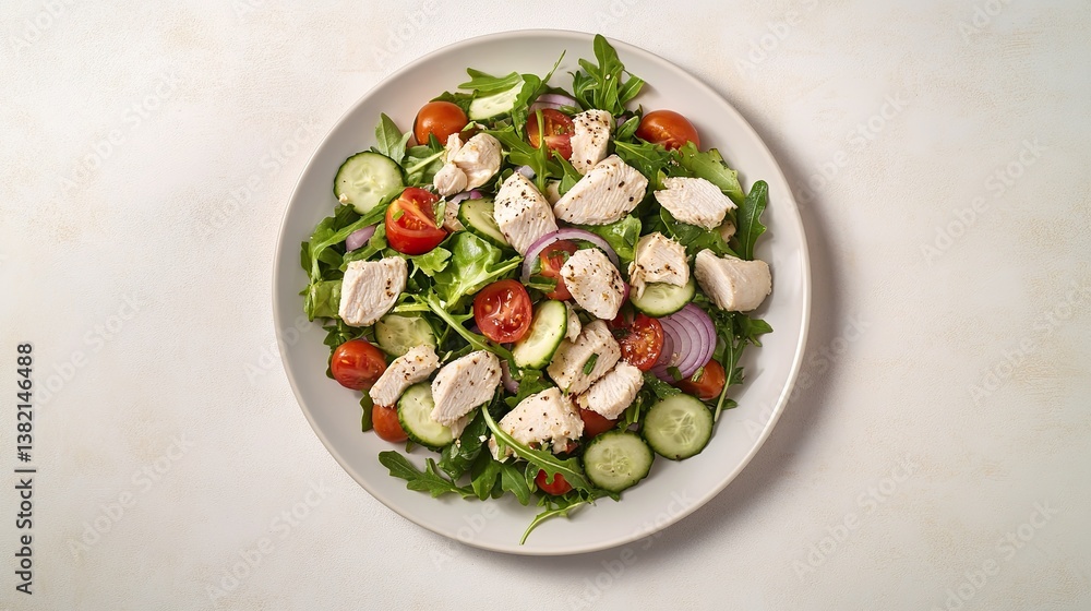 A table showing a plate filled with a delicious chicken salad made from mixed vegetables, cherry tomatoes, cucumber slices, red onion slices, and arugula leaves. Professional food display. A table showing a plate filled with a delicious chicken salad made from mixed vegetables, cherry tomatoes, cucumber slices, red onion slices, and arugula leaves. Professional food display.