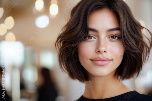 Beautiful young woman with short brown wavy hair smiling in a beauty salon Free Download Beautiful young woman with short brown wavy hair smiling in a beauty salon - GFXLoad