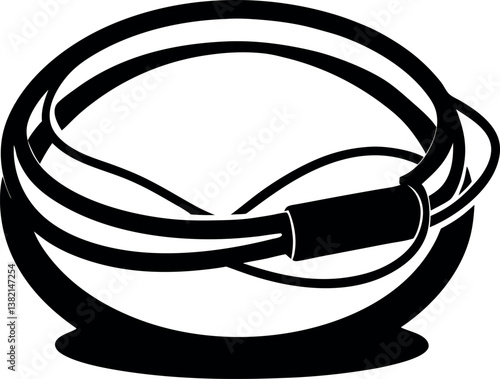 Tangled Black Cable Coil vector silhouette with Connector Closeup View