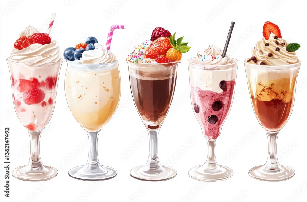 Five cute desserts and drinks, ranging in size from mini Five cute desserts and drinks, ranging in size from mini