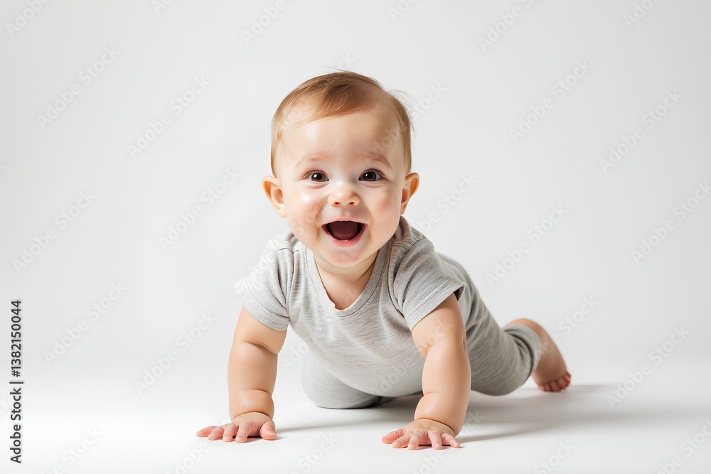 Happy Baby Crawling on White Background with Joyful Expression Happy Baby Crawling on White Background with Joyful Expression