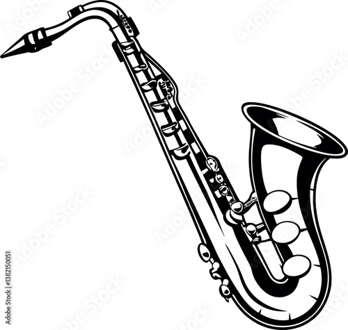 A Black and White Illustration vector silhouette of a Tenor Saxophone Musical Instrument