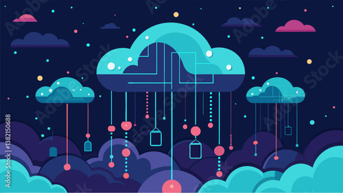 A mysterious digital realm with clouds of binary code shapeshifting and constantly evolving as they process and distribute vast amounts of data to the world.. Vector illustration