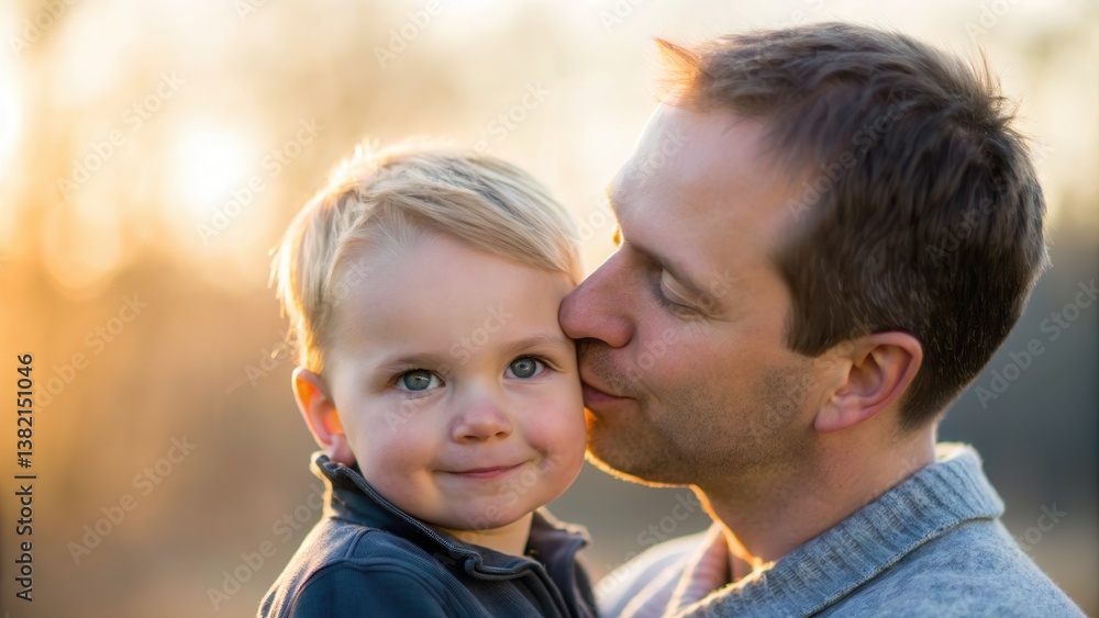 Mindful Parenting concept. A father kisses his son, capturing a tender moment in warm, golden light. Mindful Parenting concept. A father kisses his son, capturing a tender moment in warm, golden light.