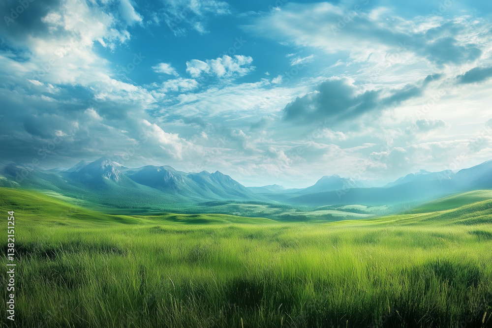 Obraz premium Green Field Landscape with Mountains and Cloudy Sky in Background