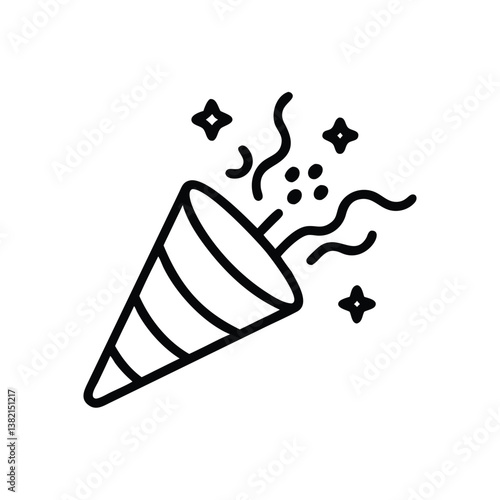 Black and white party popper icon with confetti.