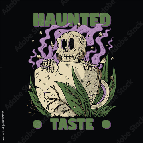 Retro Cartoon Skeleton Rising from Coffee with Nature Vibes