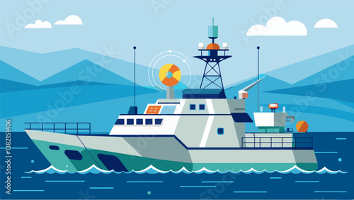 A modern naval vessel patrolling the waters equipped with advanced data navigation tools and algorithms for swift and precise maneuvering.. Vector illustration