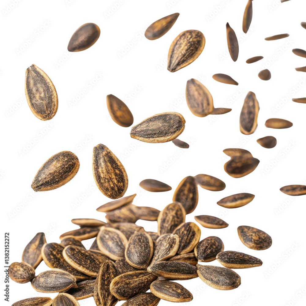Falling seeds in various positions create dynamic and natural scene, showcasing their texture and color Falling seeds in various positions create dynamic and natural scene, showcasing their texture and color