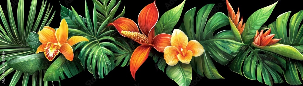 Obraz premium Tropical Floral Border with Orchids and Monstera Leaves