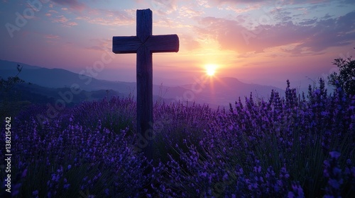 Wooden cross in lavender field at sunrise