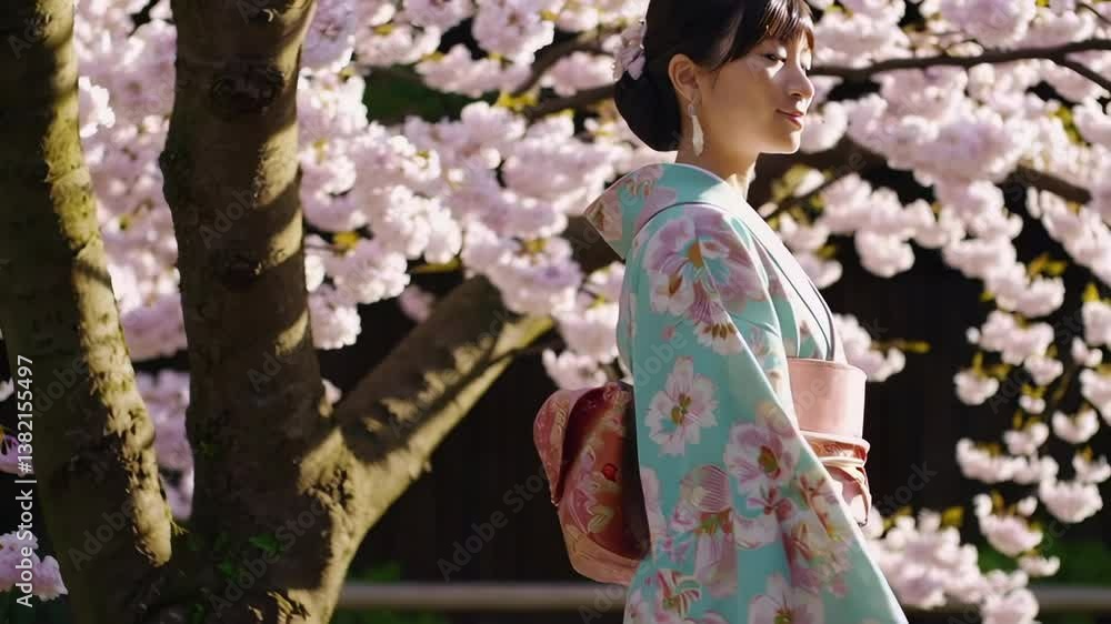 Elegant Woman in Kimono Walking Gracefully Under Cherry Blossom Trees in Full Bloom During Spring in Japan Elegant Woman in Kimono Walking Gracefully Under Cherry Blossom Trees in Full Bloom During Spring in Japan
