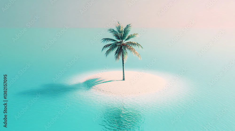 Fototapeta premium Aerial view of a minimal island with palm tree in serene tropical sea capturing nature's beauty