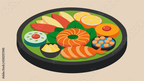 A balanced combination of seafood and vegetables harmoniously arranged on a round platter for a colorful and delicious sushi snack.. Vector illustration