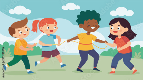 A group of kids joining forces to play an intense game of tag with new alliances being formed.. Vector illustration