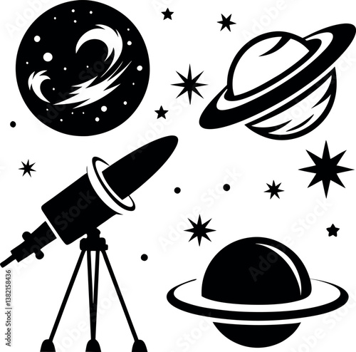 Celestial Exploration A Black and White Illustration of vector silhouette Space Exploration Featuring Planets Stars and a Telescope