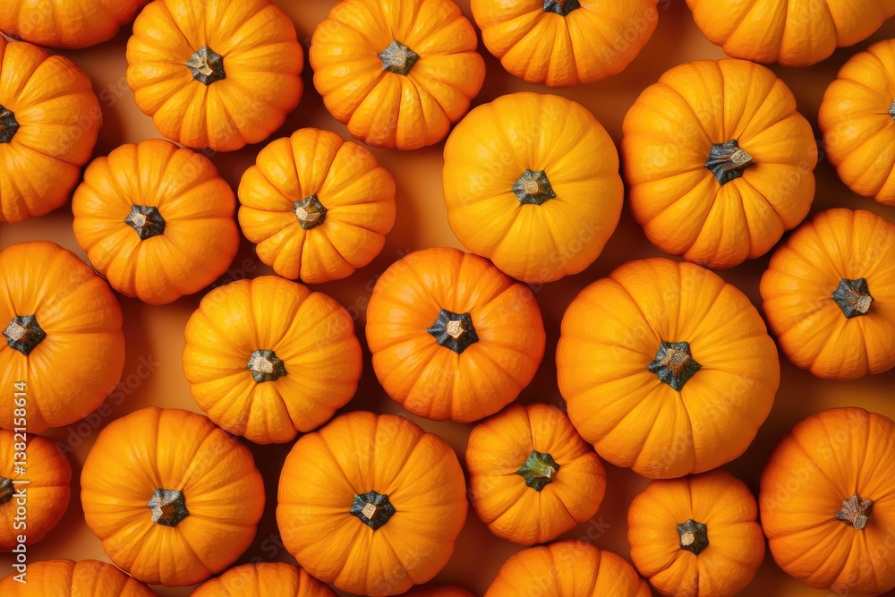 Grid Arrangement of Small Orange Pumpkins with Stems Highlighting Autumn Harvest Grid Arrangement of Small Orange Pumpkins with Stems Highlighting Autumn Harvest