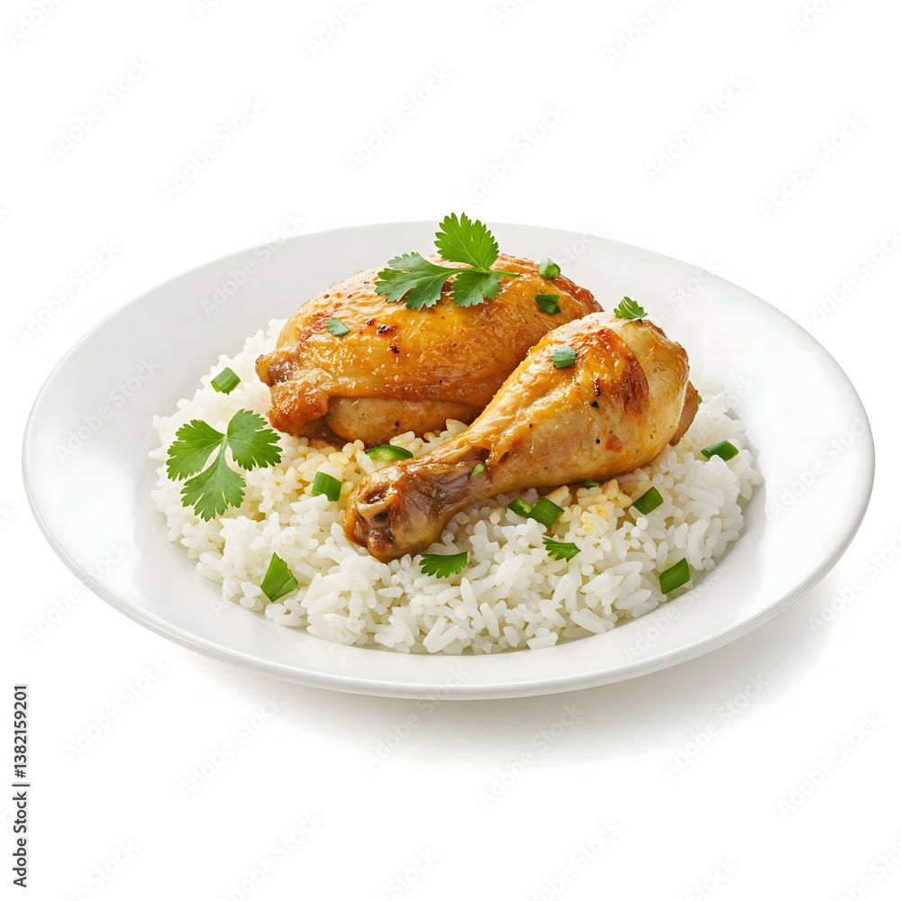 Golden Chicken Delight: Savor the visual feast of golden-brown roasted chicken, nestled atop a bed of fluffy white rice, garnished with fresh cilantro. Golden Chicken Delight: Savor the visual feast of golden-brown roasted chicken, nestled atop a bed of fluffy white rice, garnished with fresh cilantro.